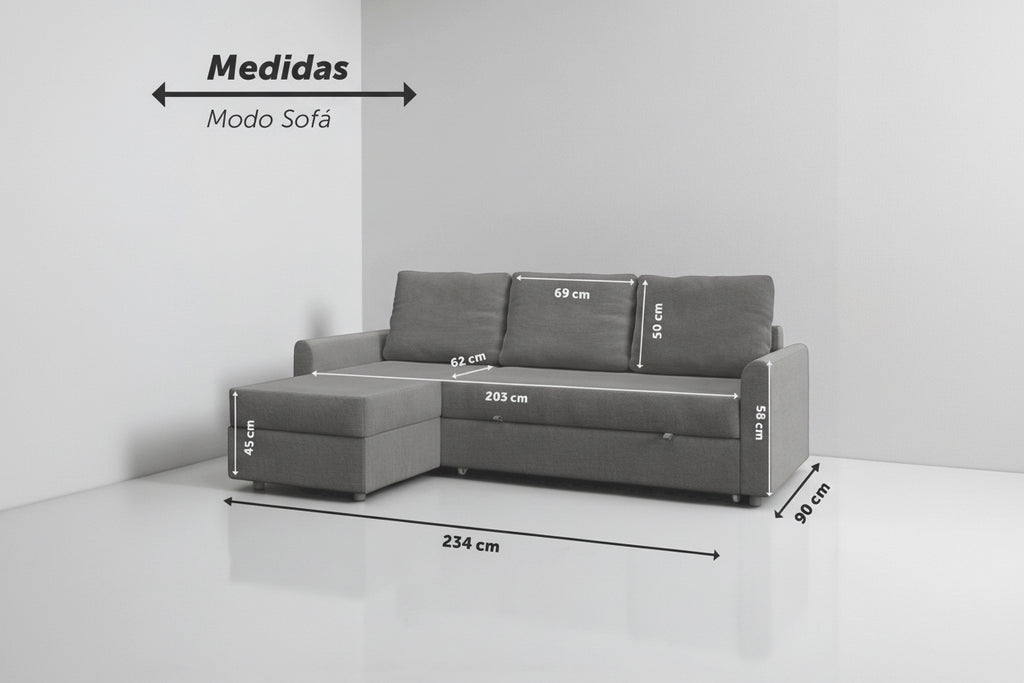 Duo | Sofá cama con chaislongue y almacenamiento