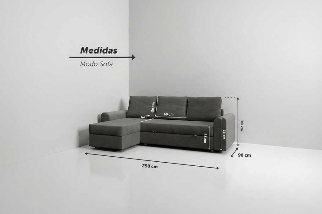 Tria | Sofá cama con chaislongue y almacenamiento