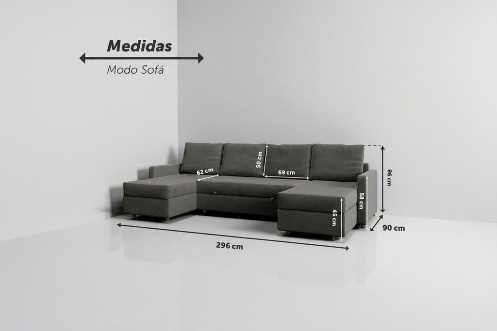 Sette | Sofá cama con chaislongue panorámica y doble almacenamiento