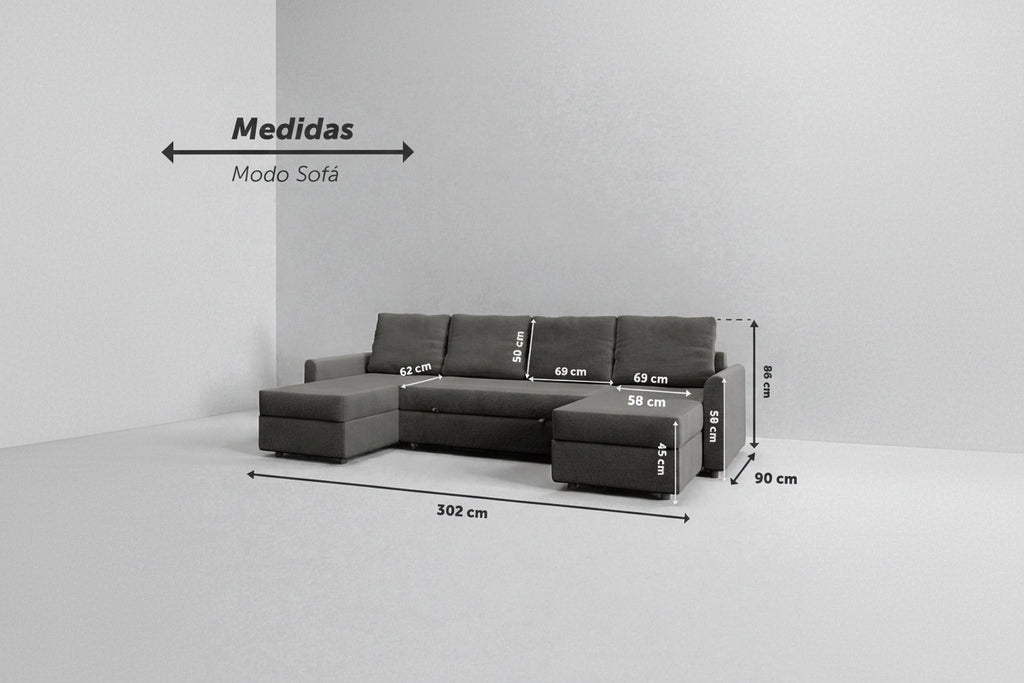 Otto| Sofá cama con chaislongue panorámica y doble almacenamiento