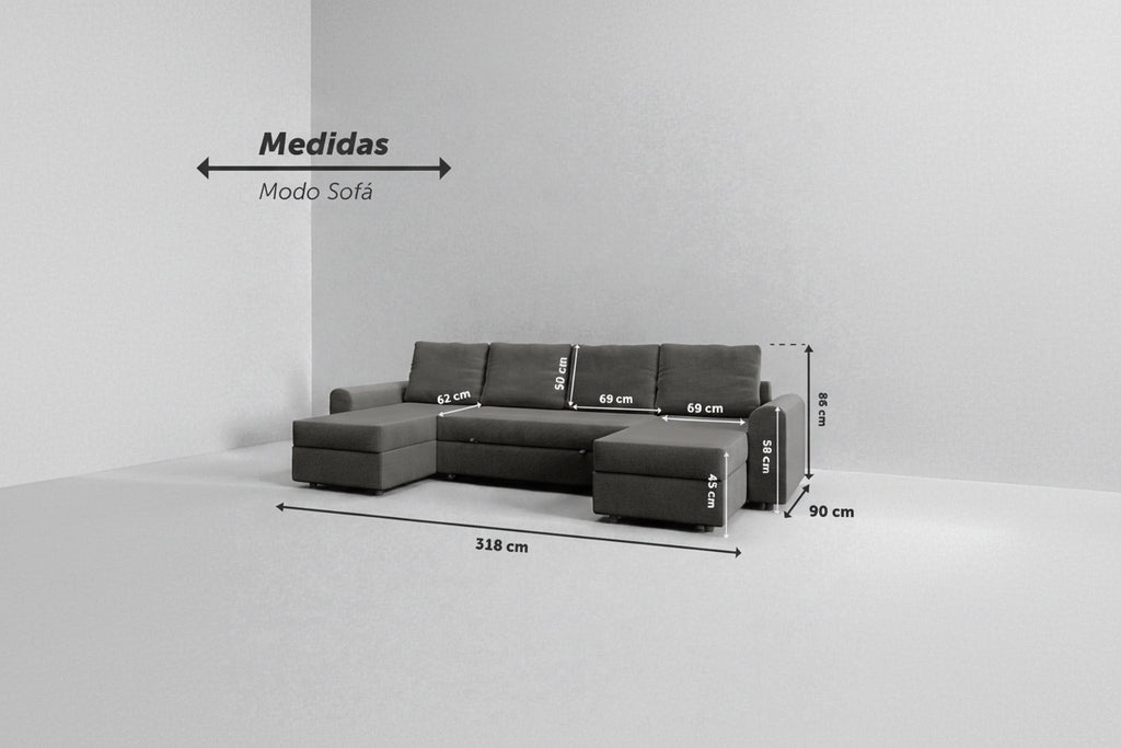 Nove | Sofá cama con chaislongue panorámica y doble almacenamiento