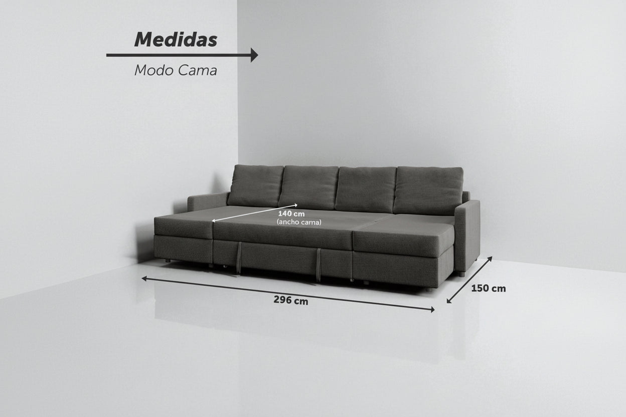 Sette | Sofá cama con chaislongue panorámica y doble almacenamiento