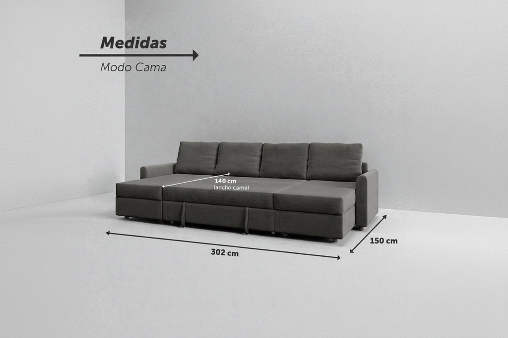 Otto| Sofá cama con chaislongue panorámica y doble almacenamiento