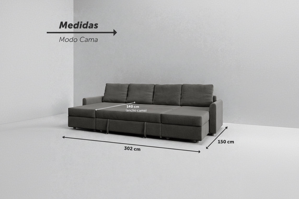 Otto| Sofá cama con chaislongue panorámica y doble almacenamiento