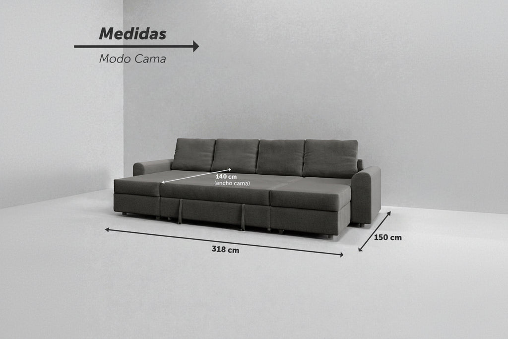 Nove | Sofá cama con chaislongue panorámica y doble almacenamiento