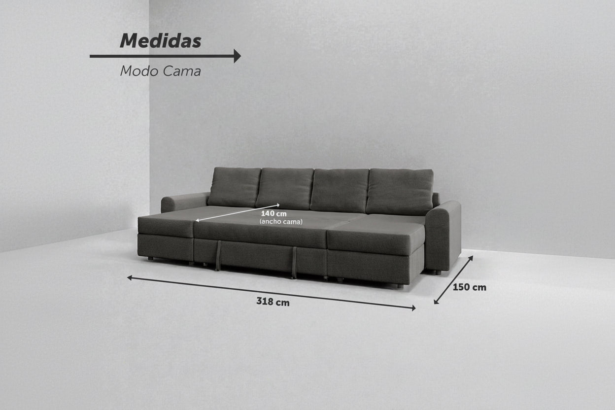Nove | Sofá cama con chaislongue panorámica y doble almacenamiento