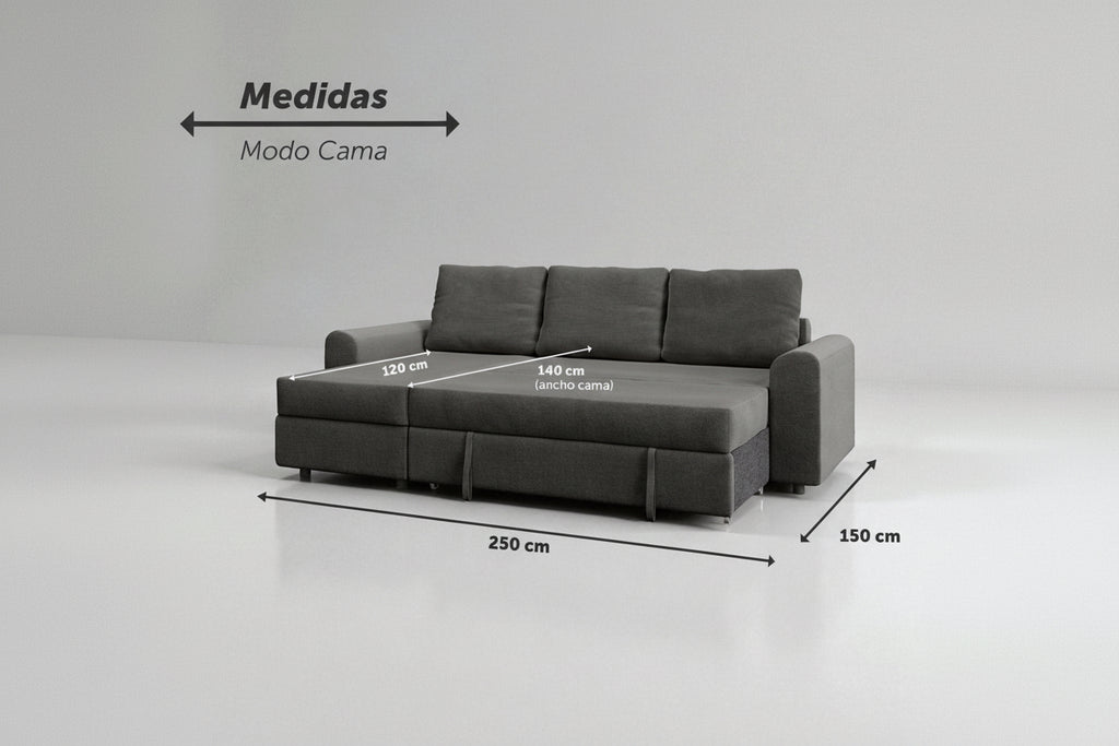 Tria | Sofá cama con chaislongue y almacenamiento