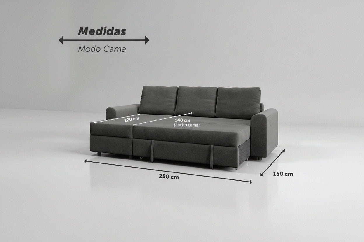 Tria | Sofá cama con chaislongue y almacenamiento