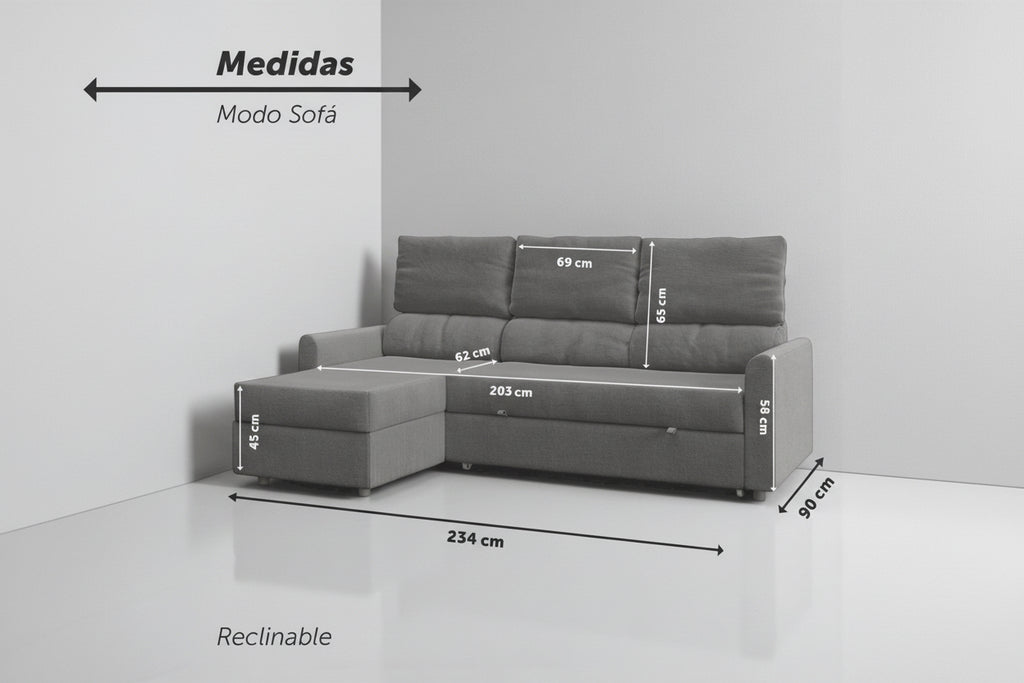 Duo | Sofá cama con chaislongue y almacenamiento
