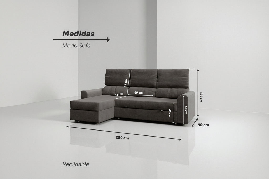 Tria | Sofá cama con chaislongue y almacenamiento
