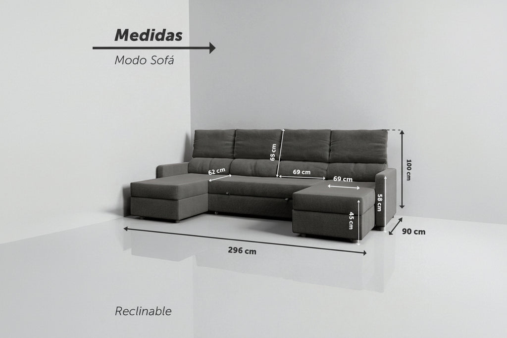 Sette | Sofá cama con chaislongue panorámica y doble almacenamiento