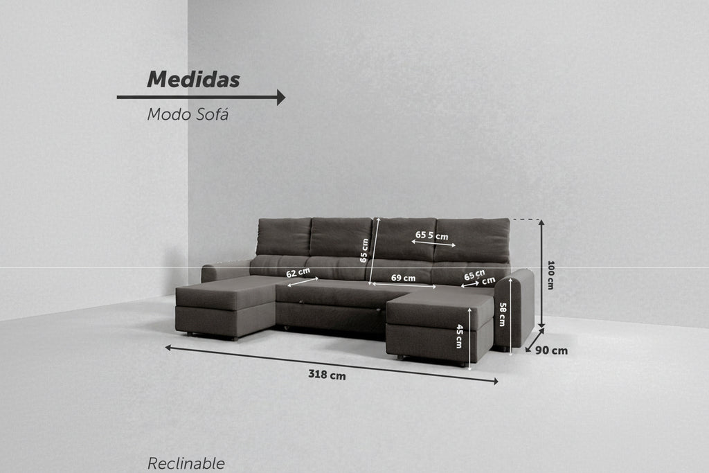 Nove | Sofá cama con chaislongue panorámica y doble almacenamiento