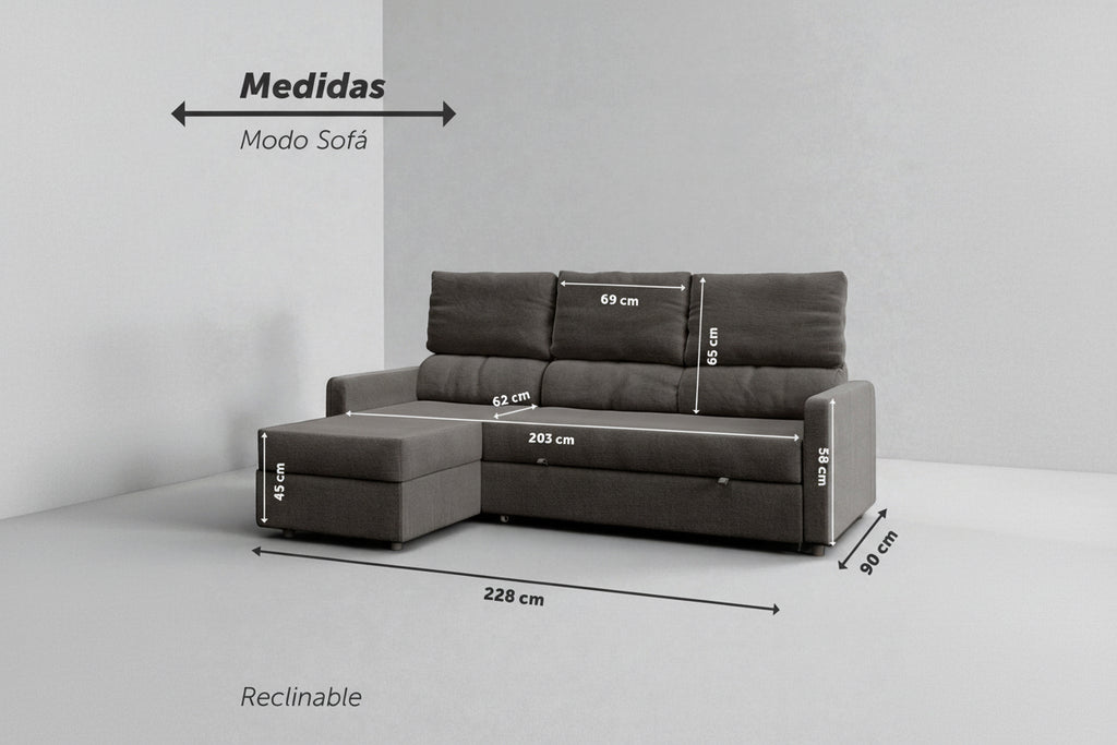 Unum | Sofá cama con chaislongue y almacenamiento