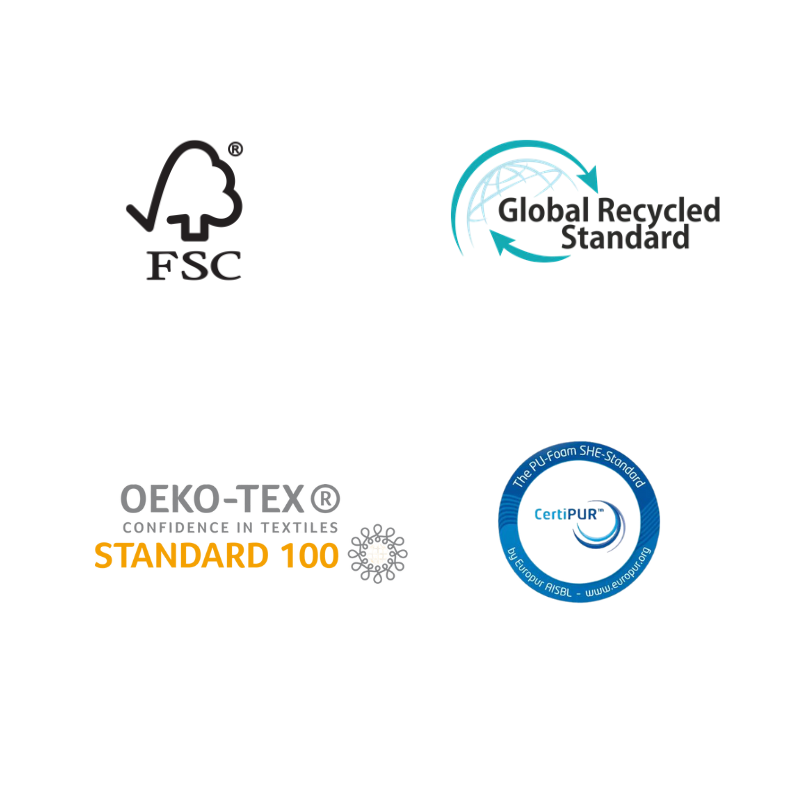 FSC, GRS, OEKO-TEX and CertiPUR certification logos