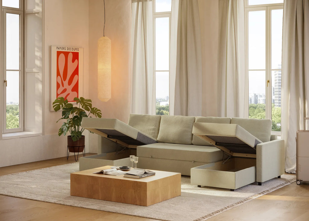 Sette | Sofá cama con chaislongue panorámica y doble almacenamiento