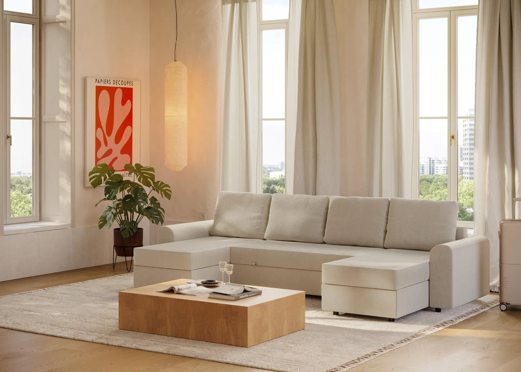 Nove | Sofá cama con chaislongue panorámica y doble almacenamiento