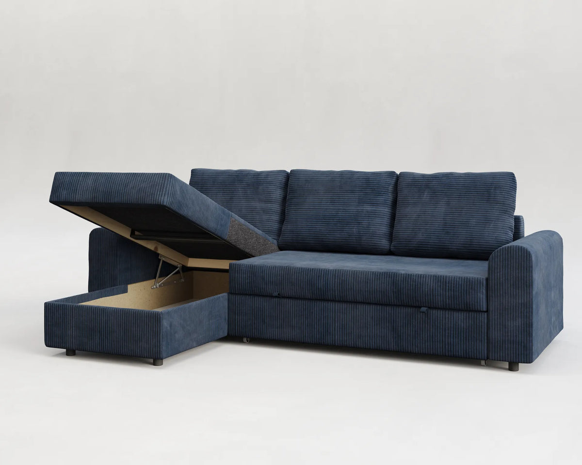 Sofá Tria con el cajón de la chaise longue abierto.