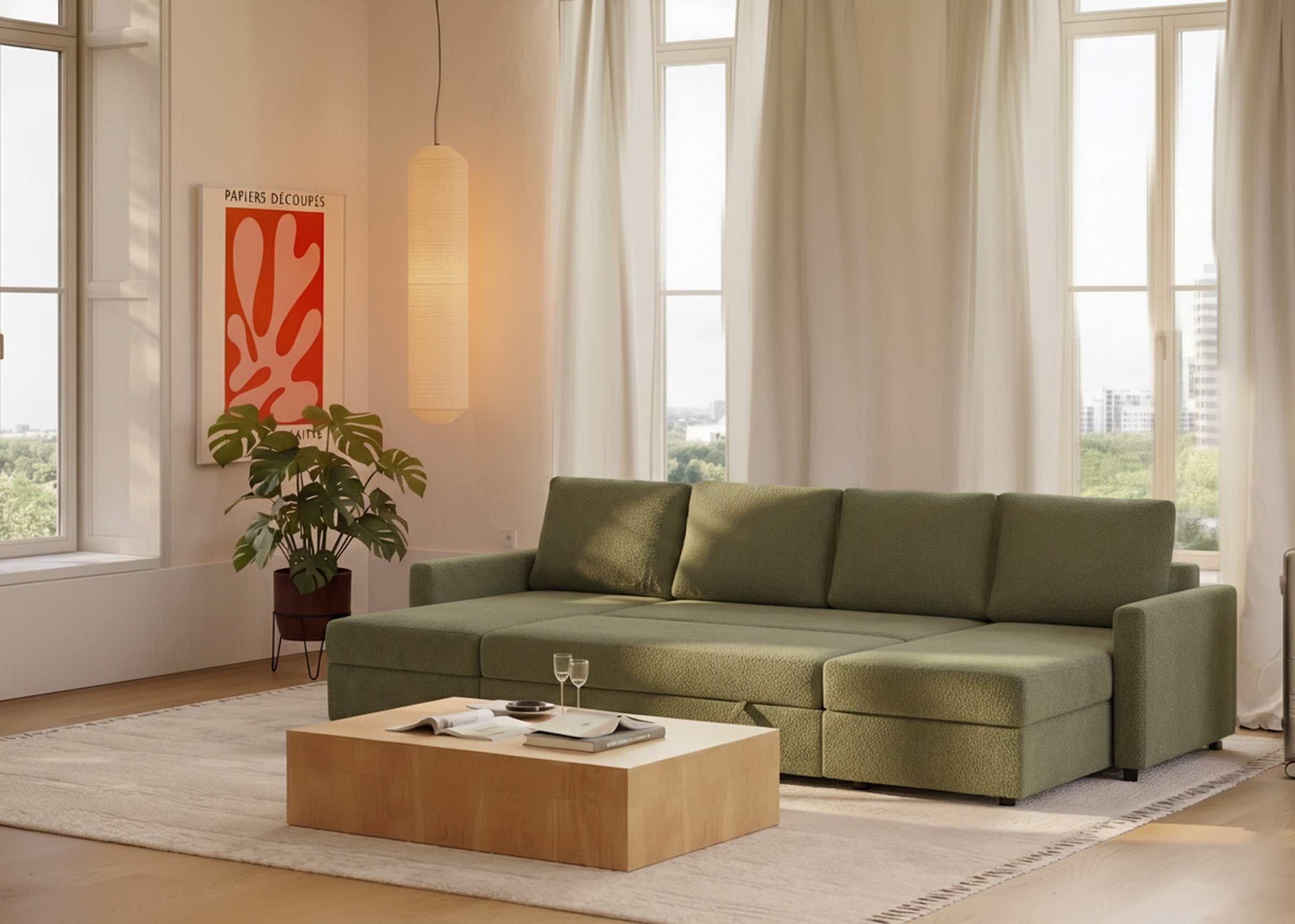 Sette | Sofá cama con chaislongue panorámica y doble almacenamiento