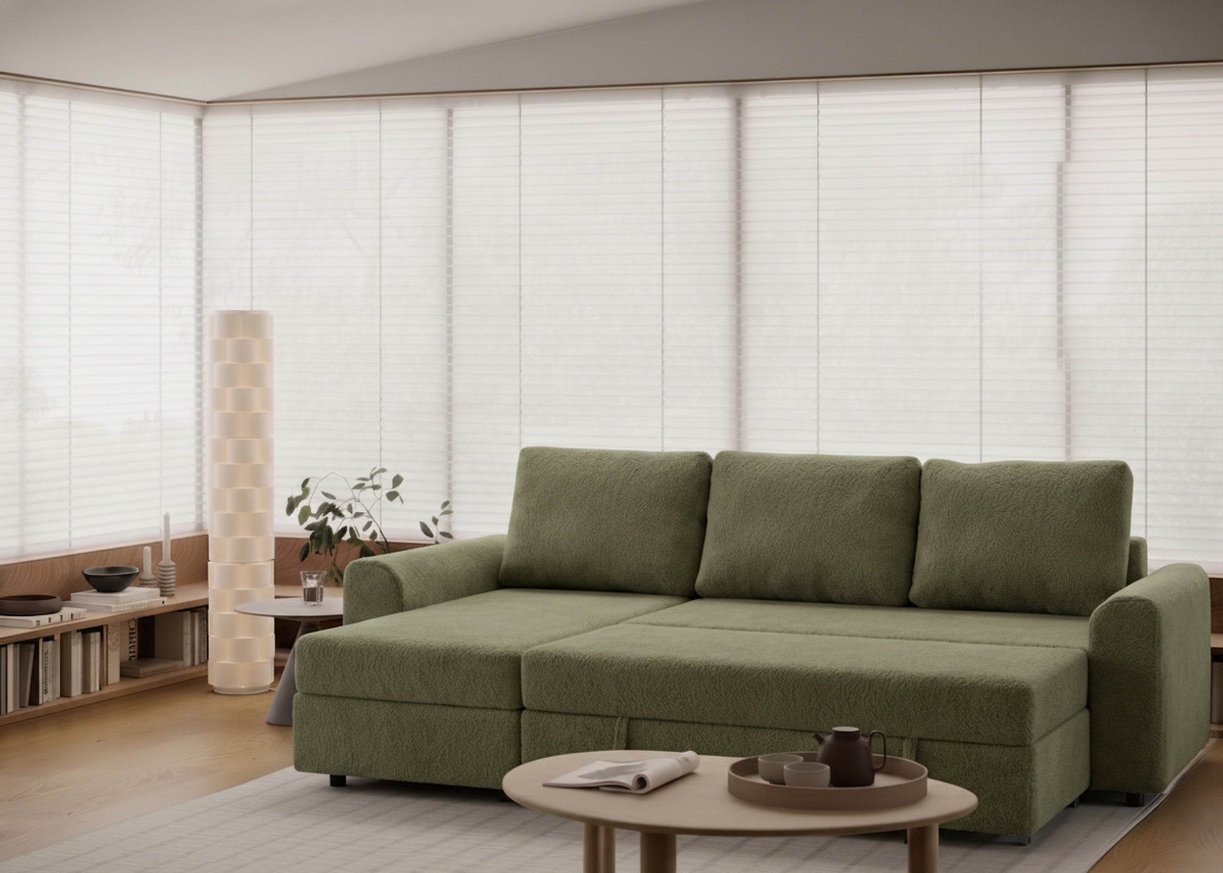 Tria | Sofá cama con chaislongue y almacenamiento