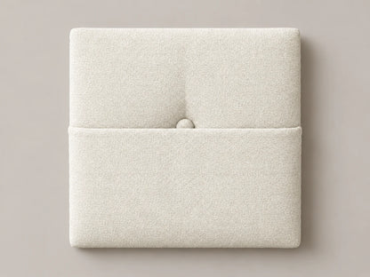 Cabecero modular tela entrelazada blanca, capitoné con bolsillo a media altura y botón tapizado central. Módulo de 30 × 30 × 3,5 cm.