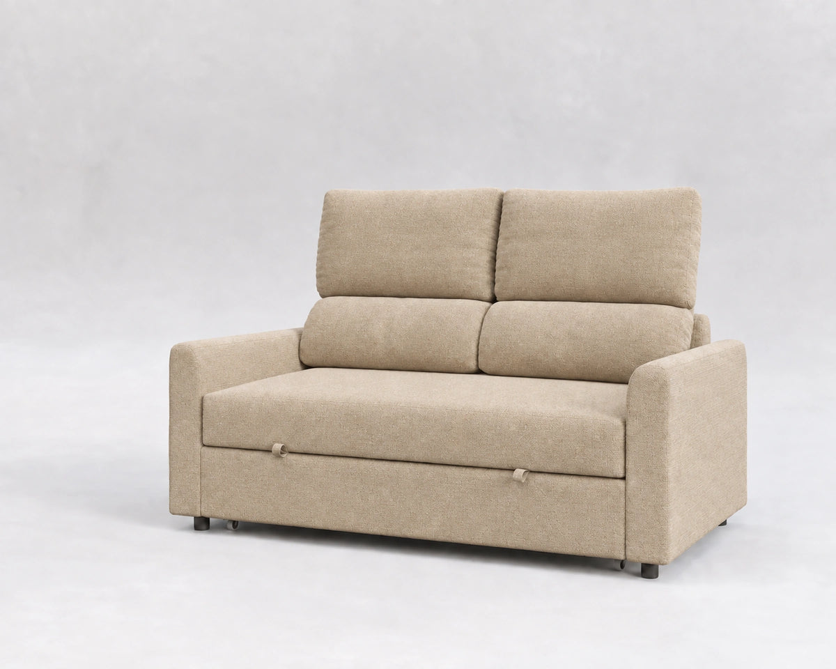 Sofá Cinque, tela tejida beige, respaldo reclinable, cerrado