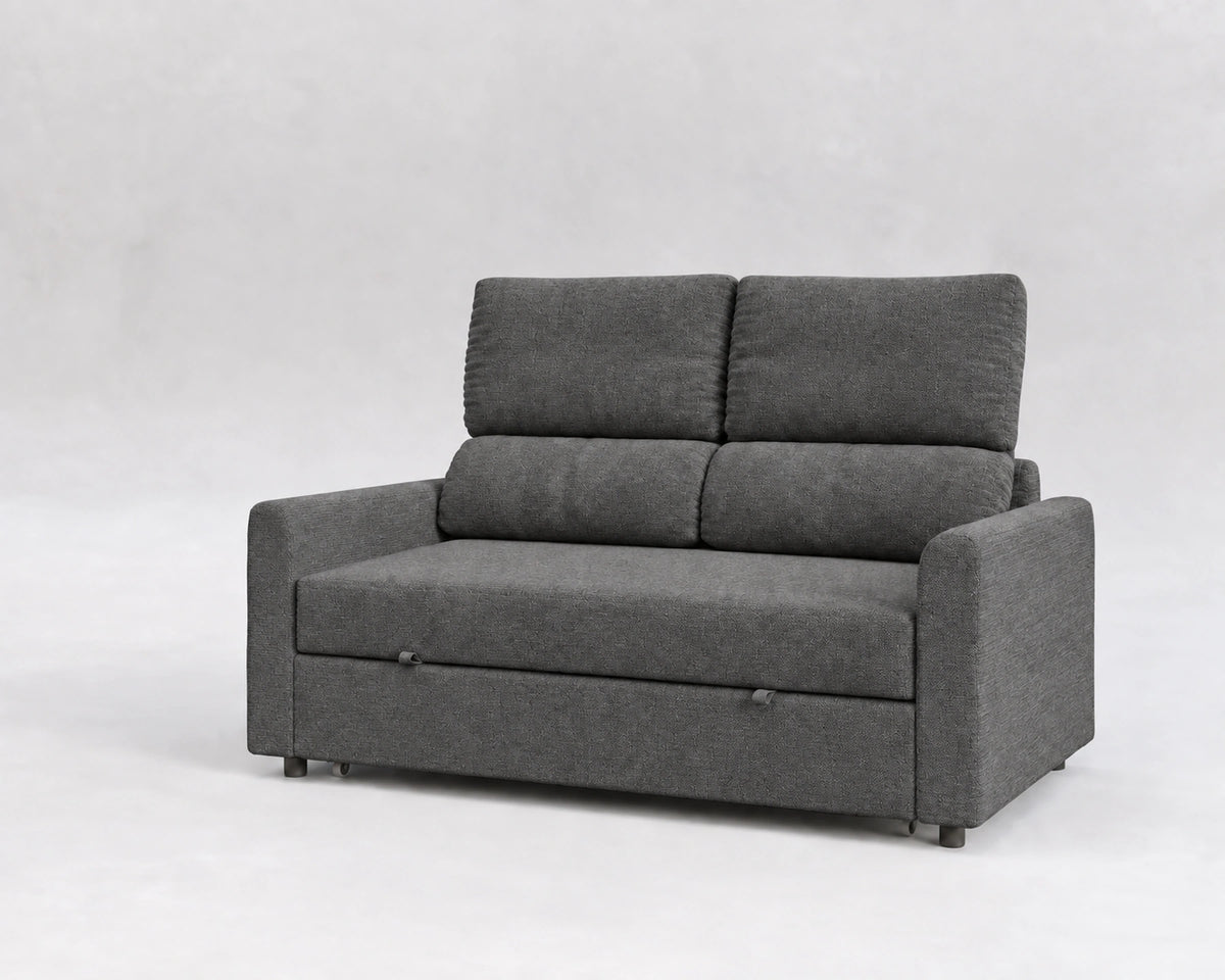 Sofá Cinque, tela entrelazada gris, respaldo reclinable, cerrado