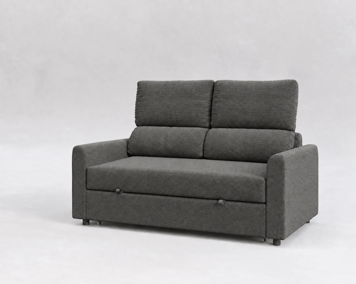 Sofá Cinque, tela tejida gris, respaldo reclinable, cerrado