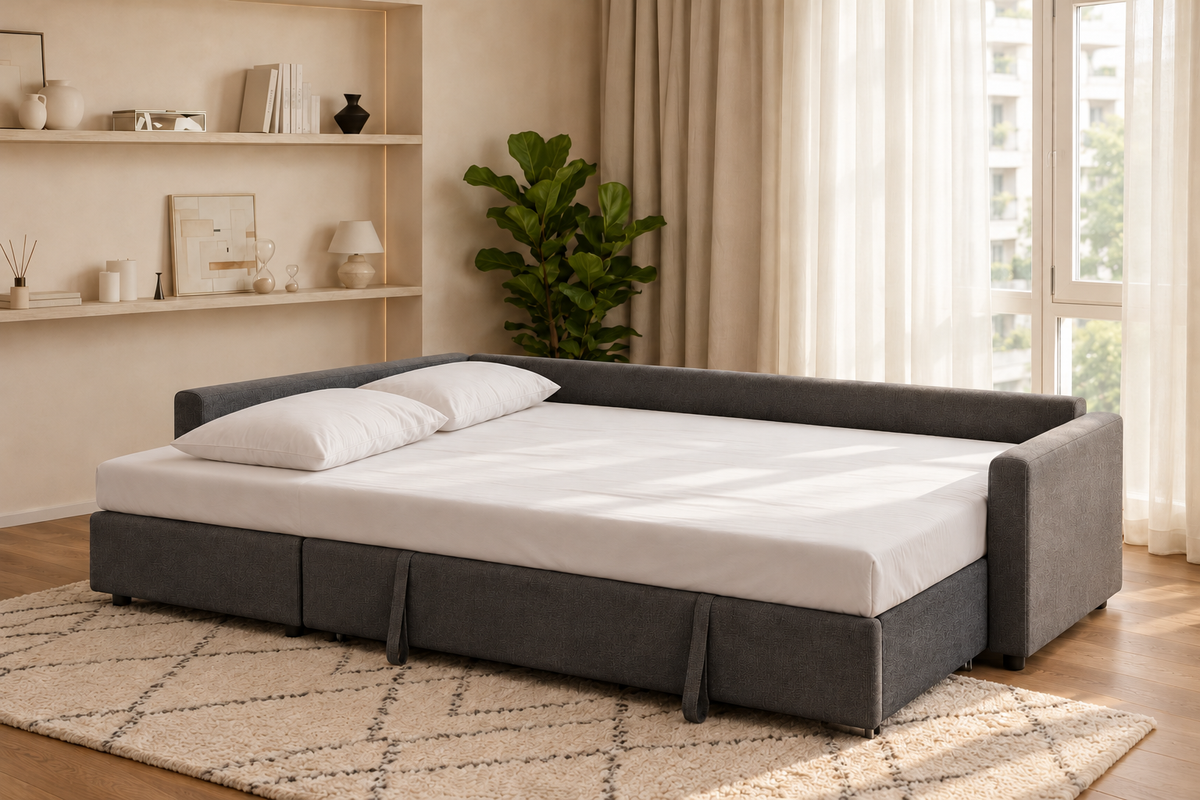 Duo convertido en cama, con sábana bajera y dos almohadas, en un salón.