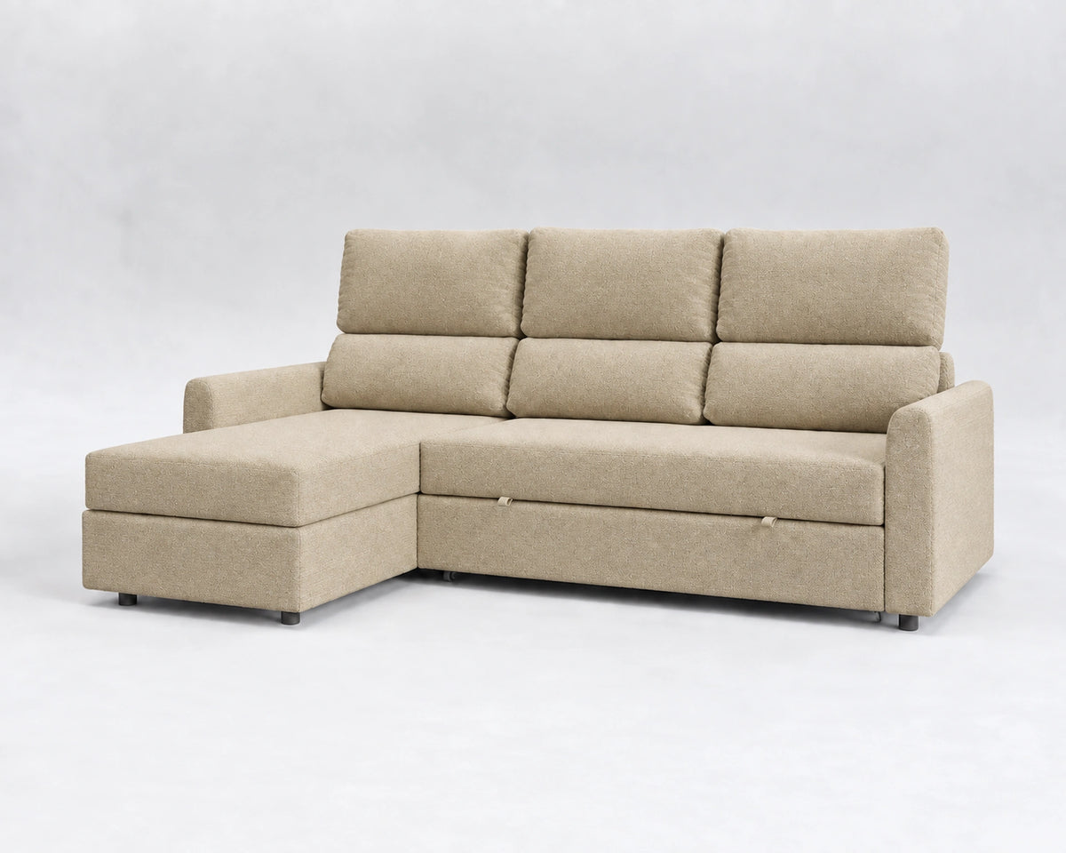 Sofá Duo, tela entrelazada beige, respaldo reclinable, cerrado