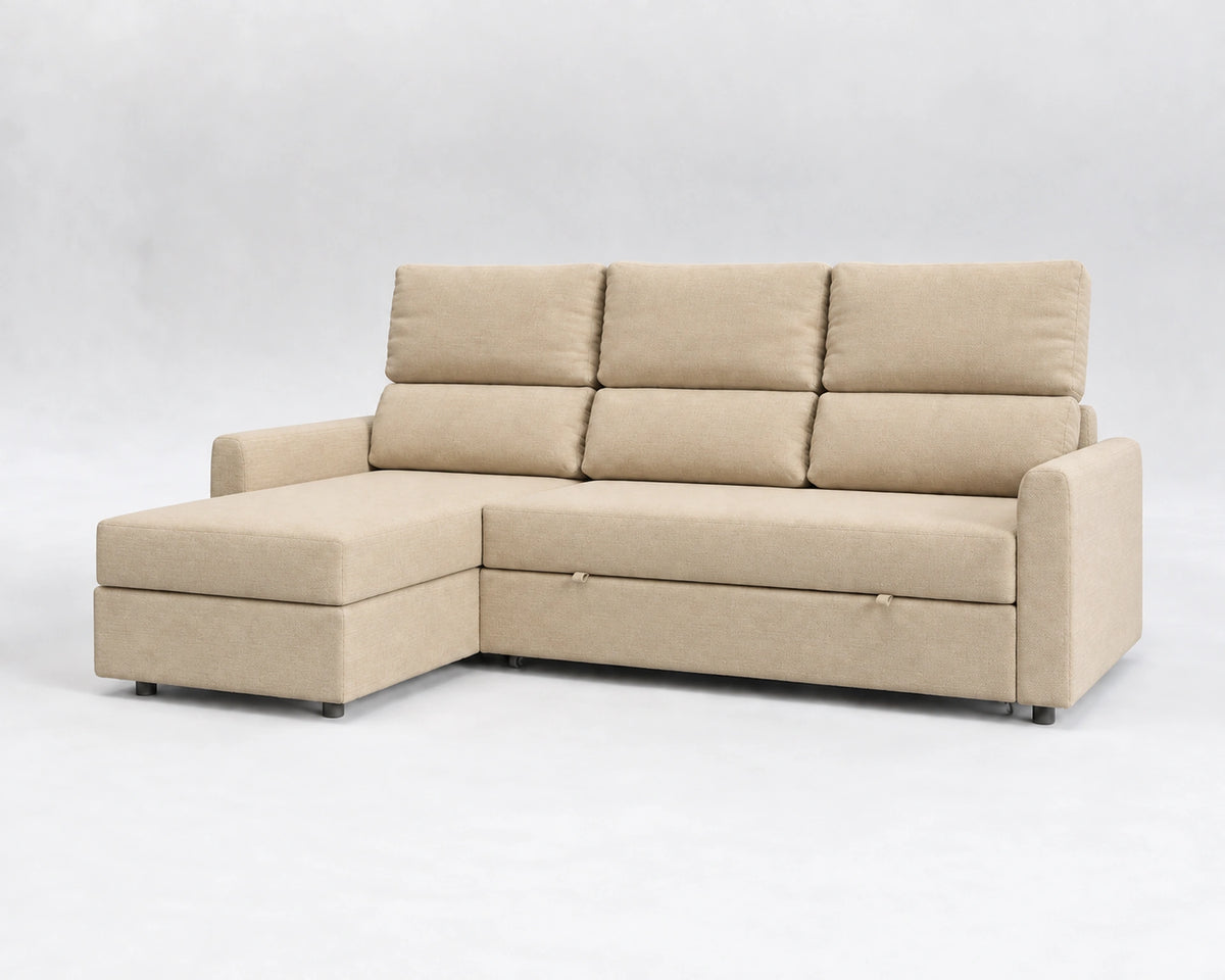 Sofá Duo, tela tejida beige, respaldo reclinable, cerrado