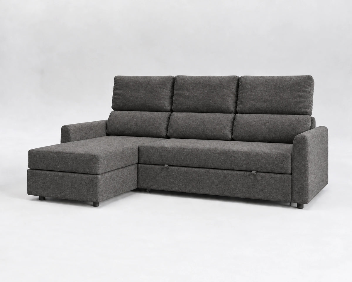 Sofá Duo, tela entrelazada gris, respaldo reclinable, cerrado