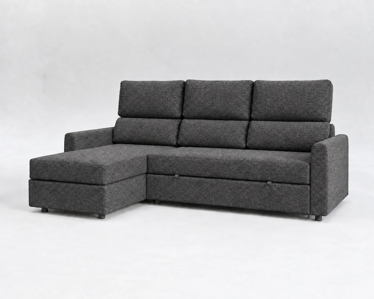 Sofá Duo, tela tejida gris, respaldo reclinable, cerrado