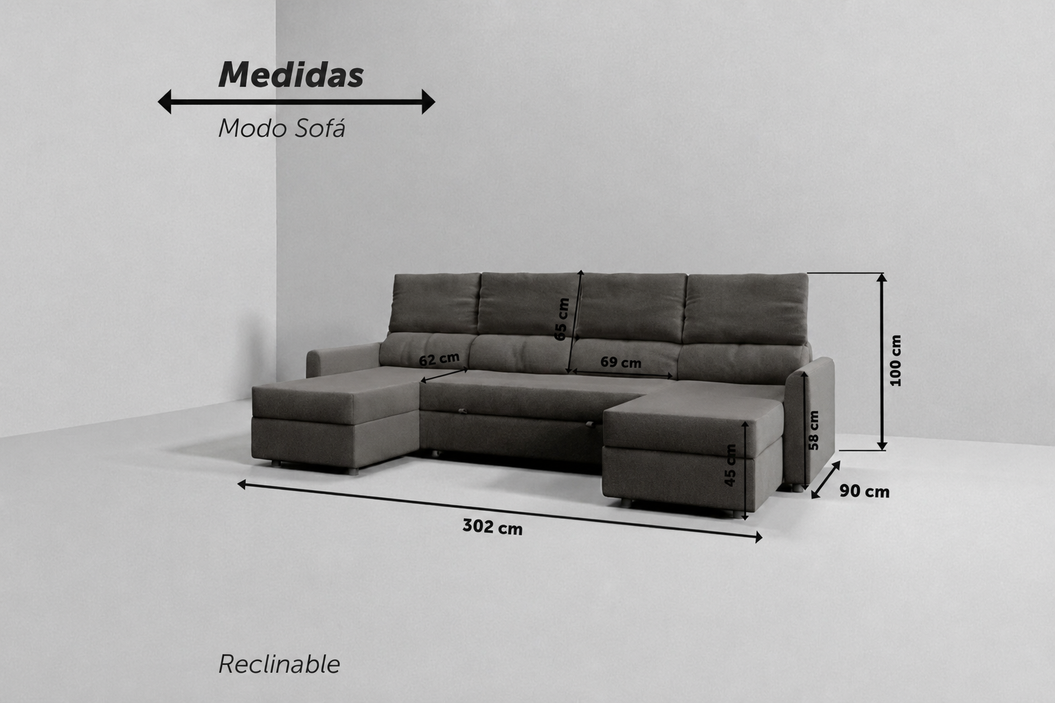 Otto| Sofá cama con chaislongue panorámica y doble almacenamiento