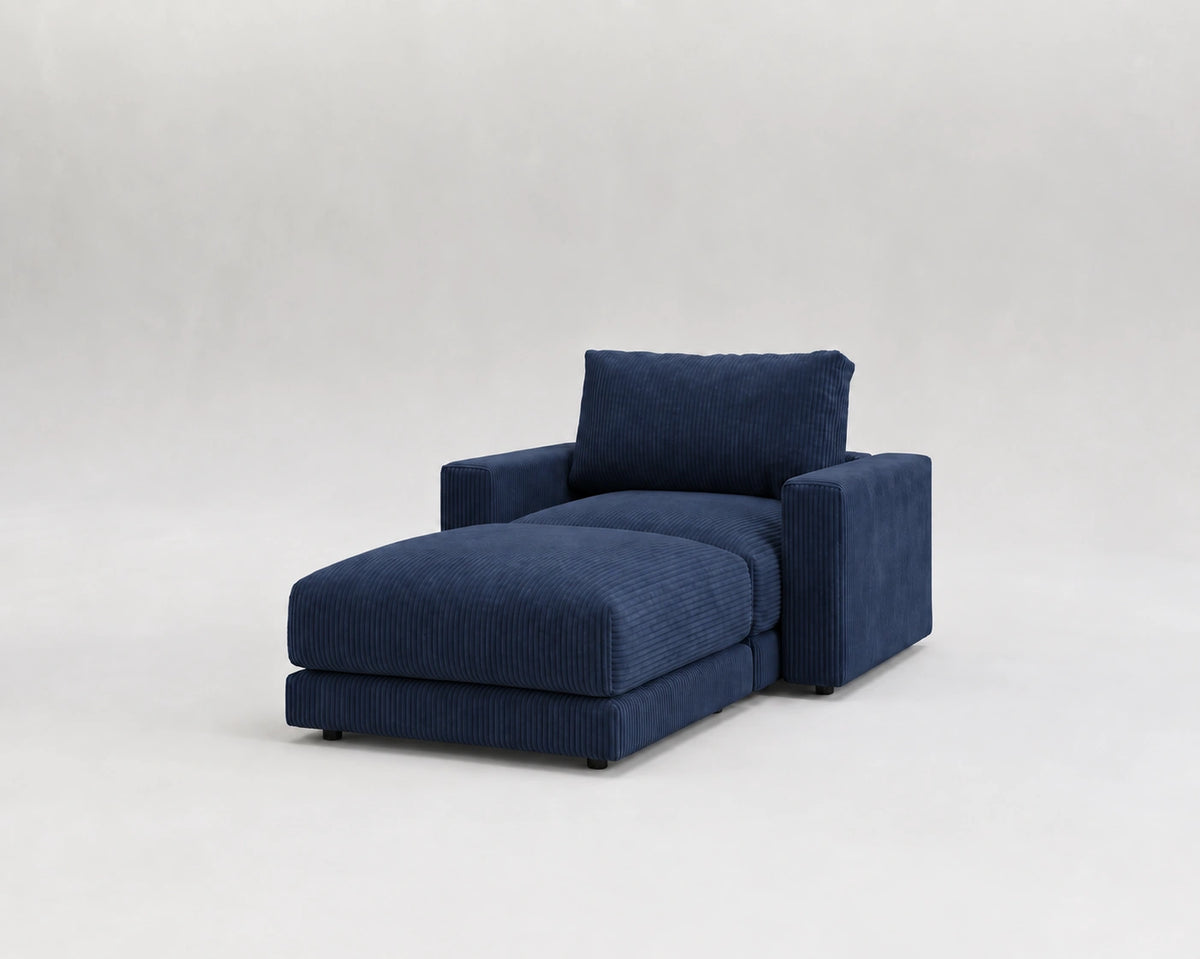 Modular · Pana fina azul / Butaca + Puff · vista general, pana fina