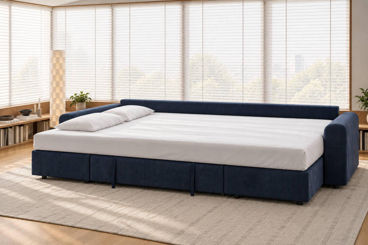 Nove de La Siesta abierto en modo cama, con sábana bajera y dos almohadas, en un salón