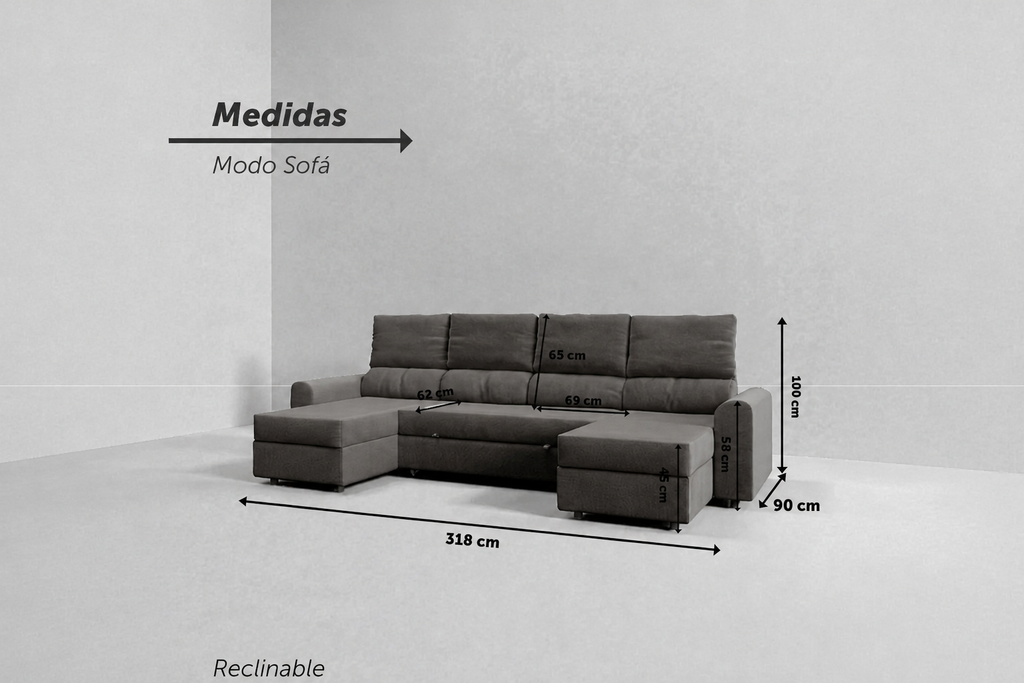 Nove | Sofá cama con chaislongue panorámica y doble almacenamiento