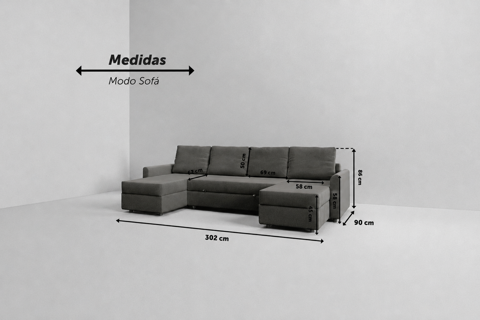 Otto| Sofá cama con chaislongue panorámica y doble almacenamiento
