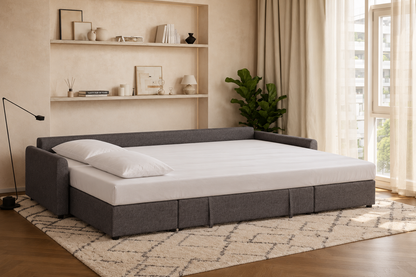 Otto de La Siesta abierto en modo cama, con sábana bajera y dos almohadas, en un salón