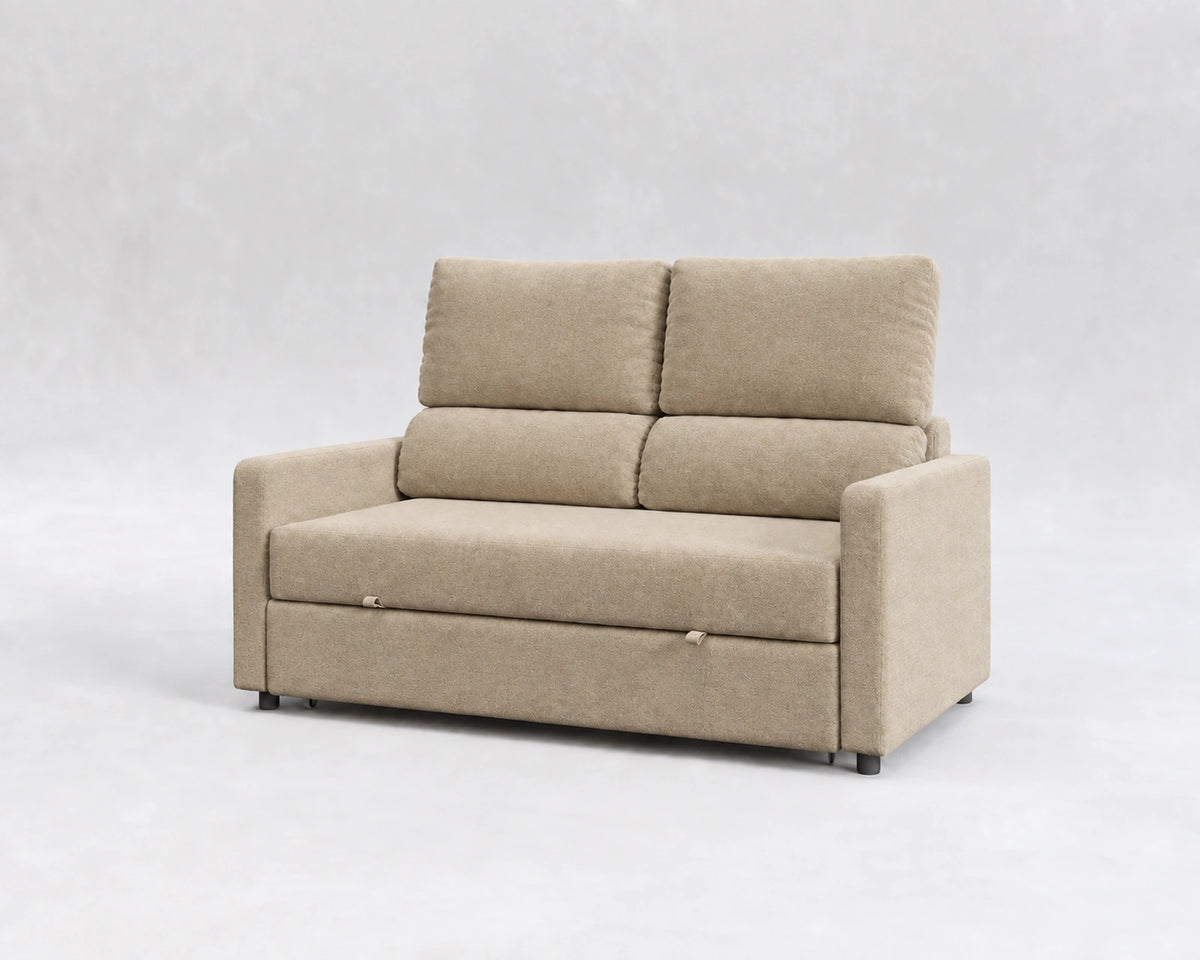 Sofá Quattro, tela entrelazada beige, respaldo reclinable, cerrado