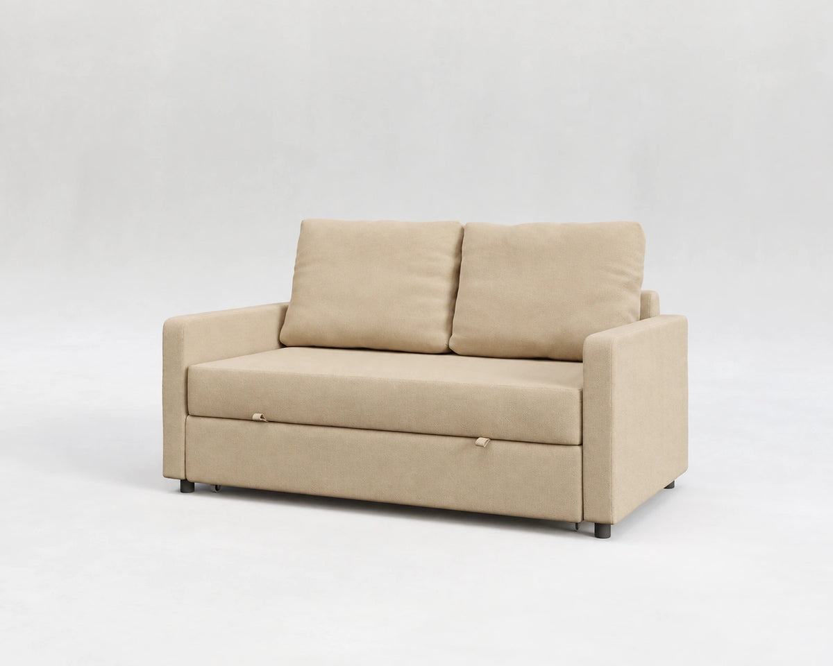 Sofá Quattro, tela tejida beige, respaldo normal, cerrado