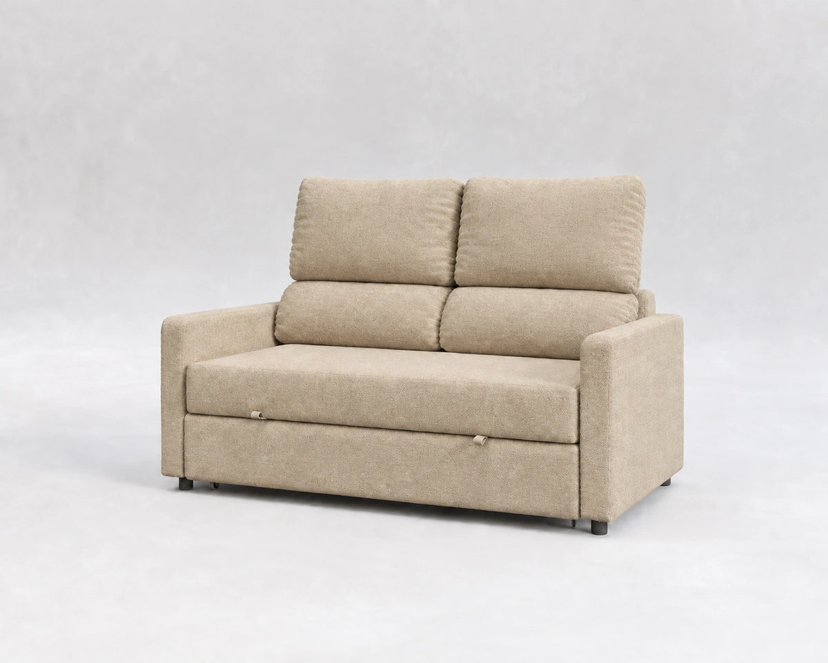 Sofá Quattro, tela tejida beige, respaldo reclinable, cerrado