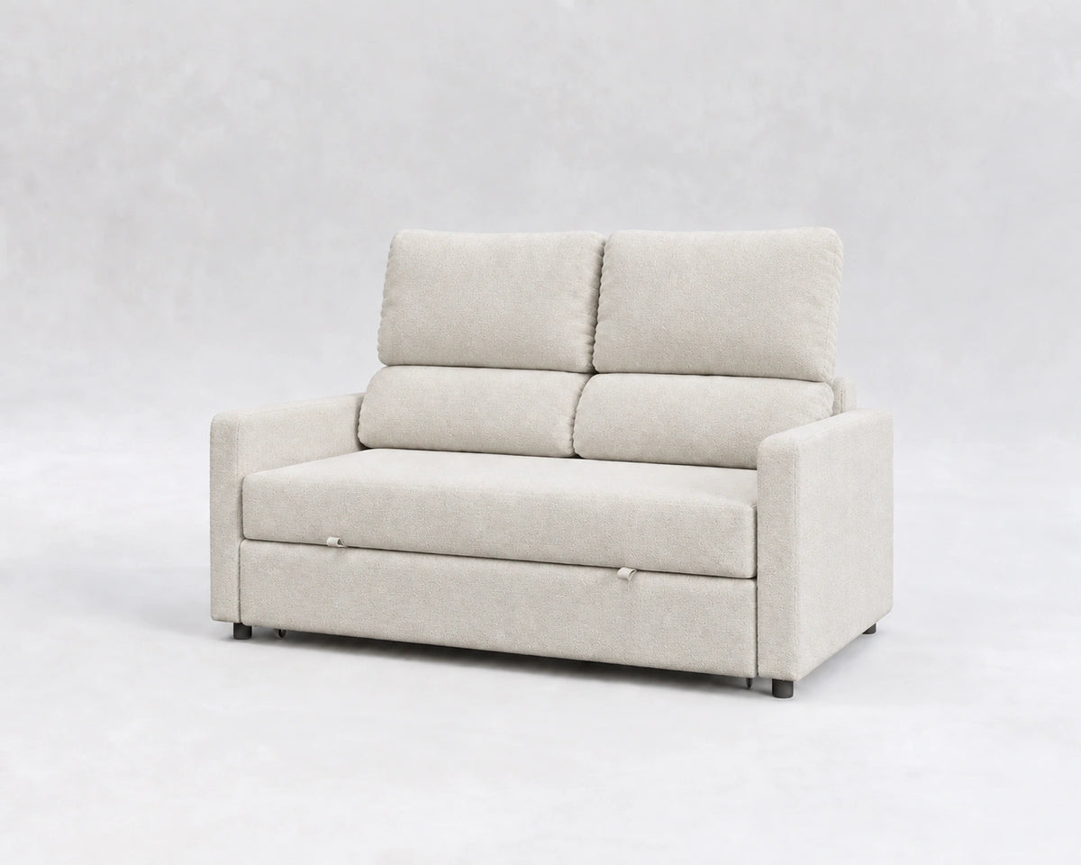 Sofá Quattro, tela entrelazada blanca, respaldo reclinable, cerrado