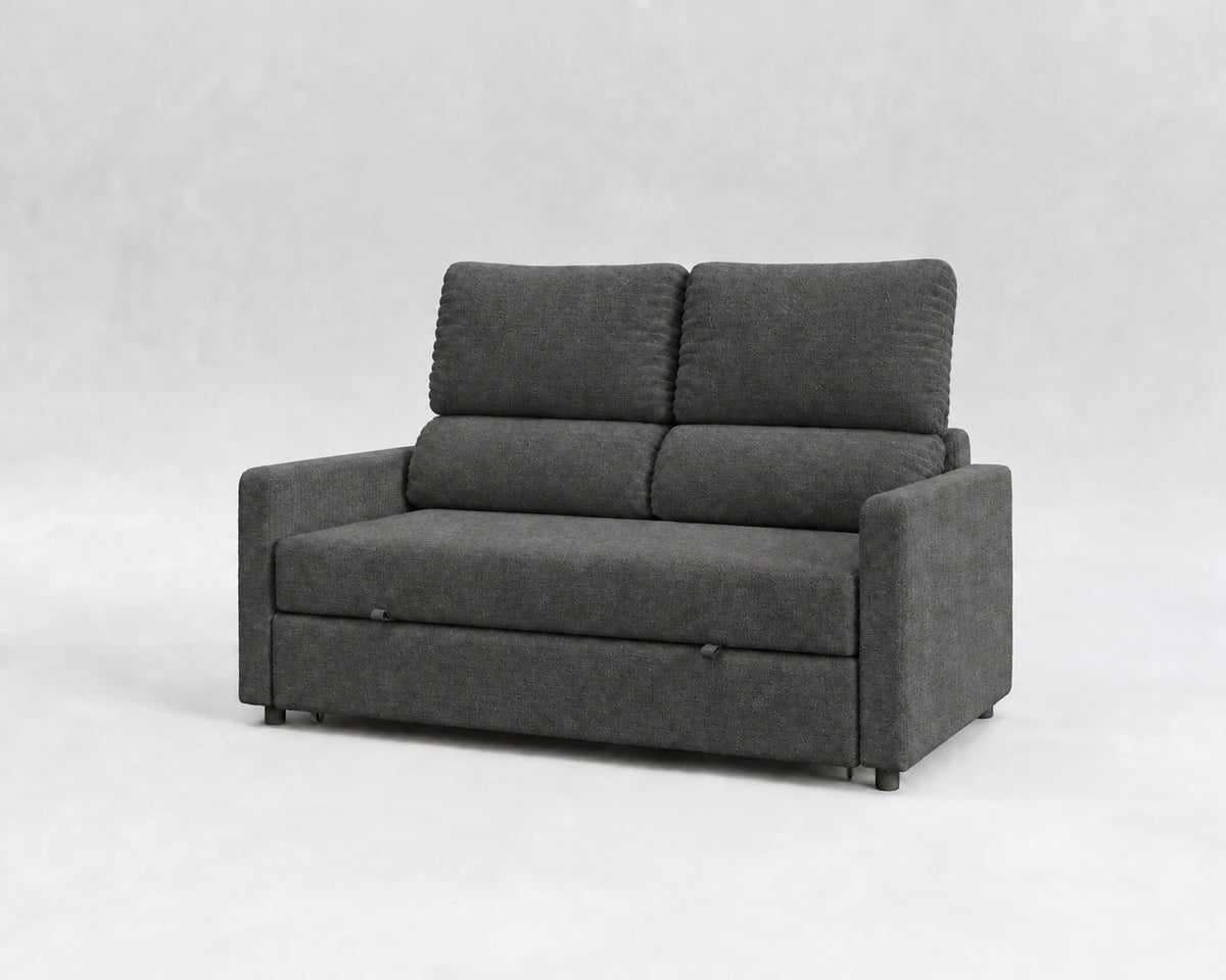 Sofá Quattro, tela entrelazada gris, respaldo reclinable, cerrado