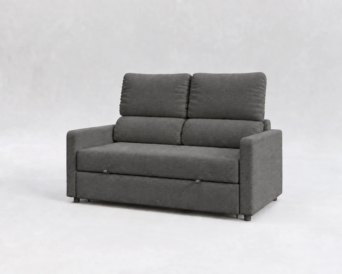 Sofá Quattro, tela tejida gris, respaldo reclinable, cerrado