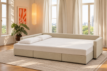 Sette de La Siesta abierto en modo cama, con sábana bajera y dos almohadas, en un salón