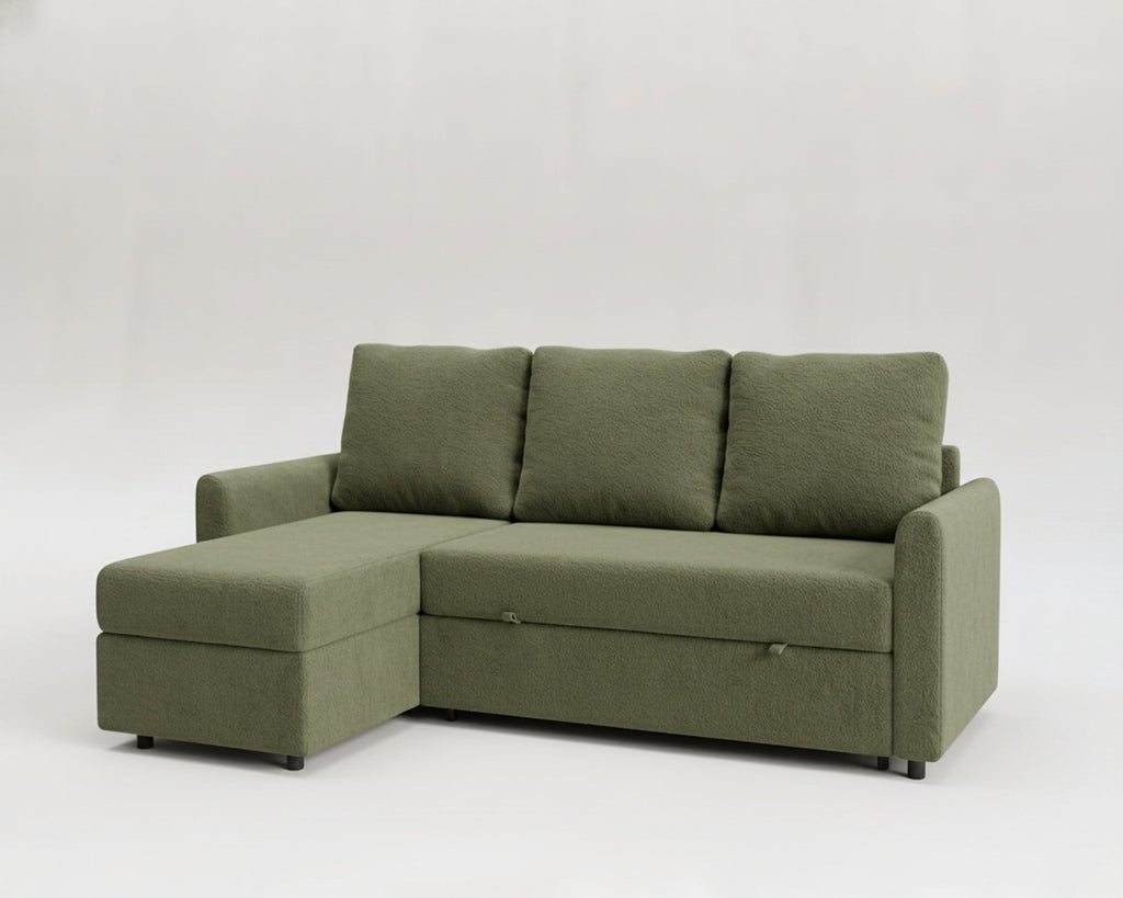 Sofá cama 3 plazas chaislongue almacenamiento modelo Duo tapizado en tela Nube color verde - La Siesta