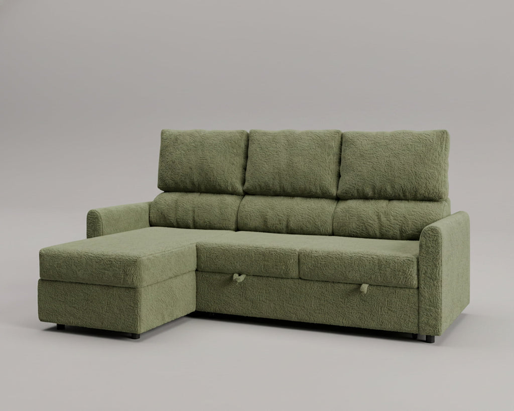 Sofá cama 3 plazas reclinable chaislongue almacenamiento modelo Duo tapizado en tela Nube color verde - La Siesta
