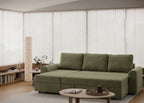 Sofá cama 3 plazas con chaislongue y almacenamiento modelo Tria tapizado con tela Nube color verde -La Siesta 