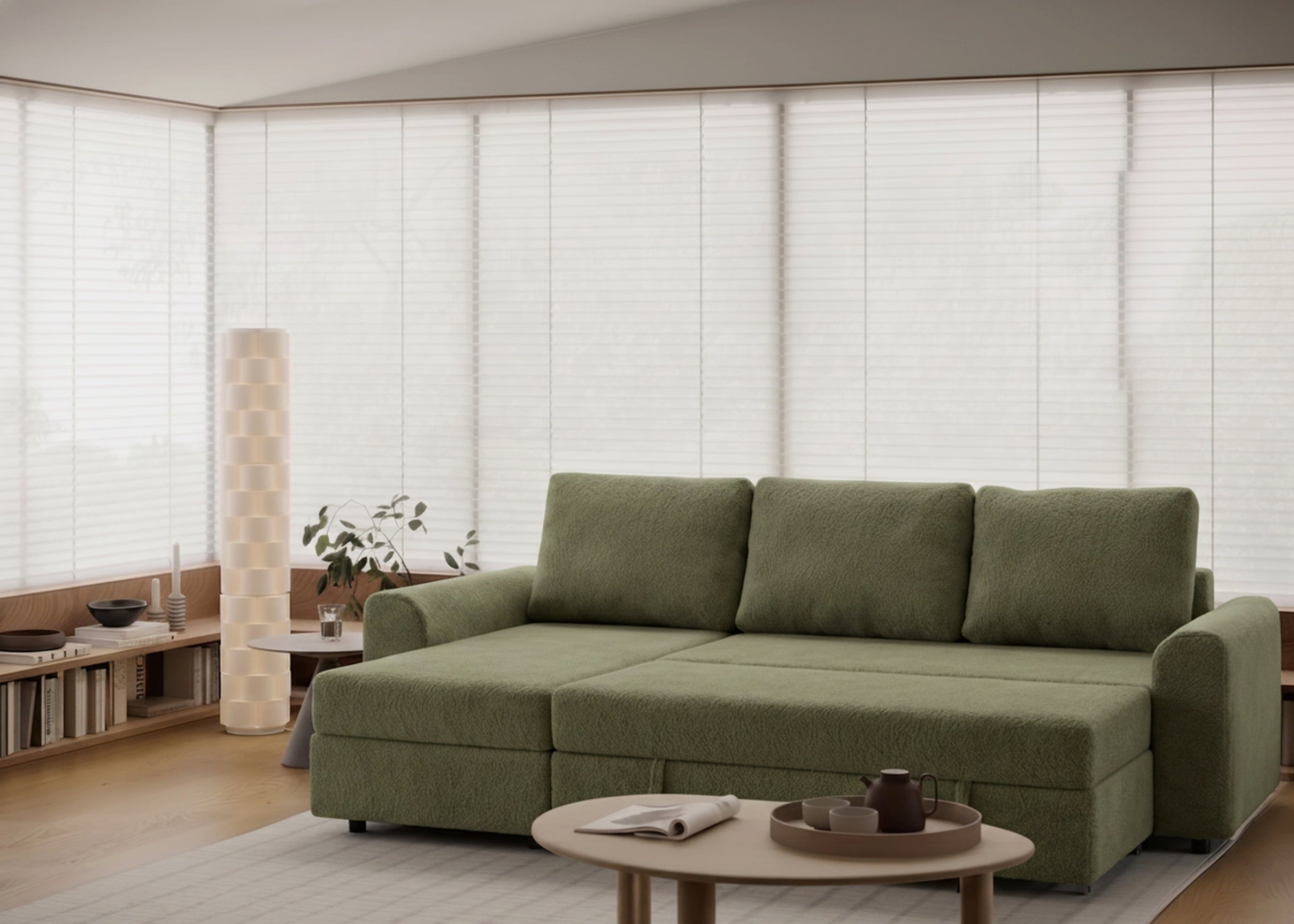 Sofá cama 3 plazas con chaislongue y almacenamiento modelo Tria tapizado con tela Nube color verde -La Siesta 