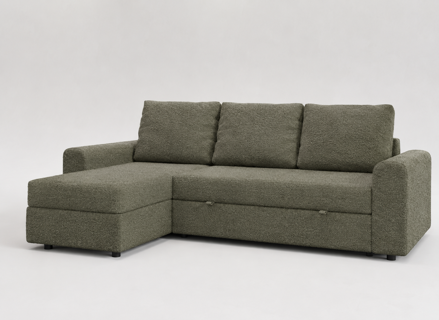 Sofá cama 3 plazas con chaislongue almacenamiento modelo Tria tapizado con tela Nube color verde -La Siesta 